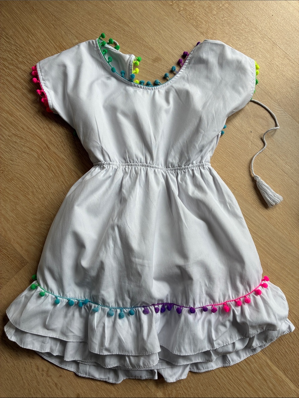 White Girls' neon rainbow Pom-Pom Trim Dress - and swim cover up